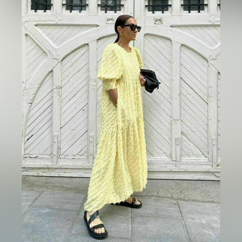 ZARA Voluminous 3D Textured Weave, Lined, Maxi Dress with Pockets